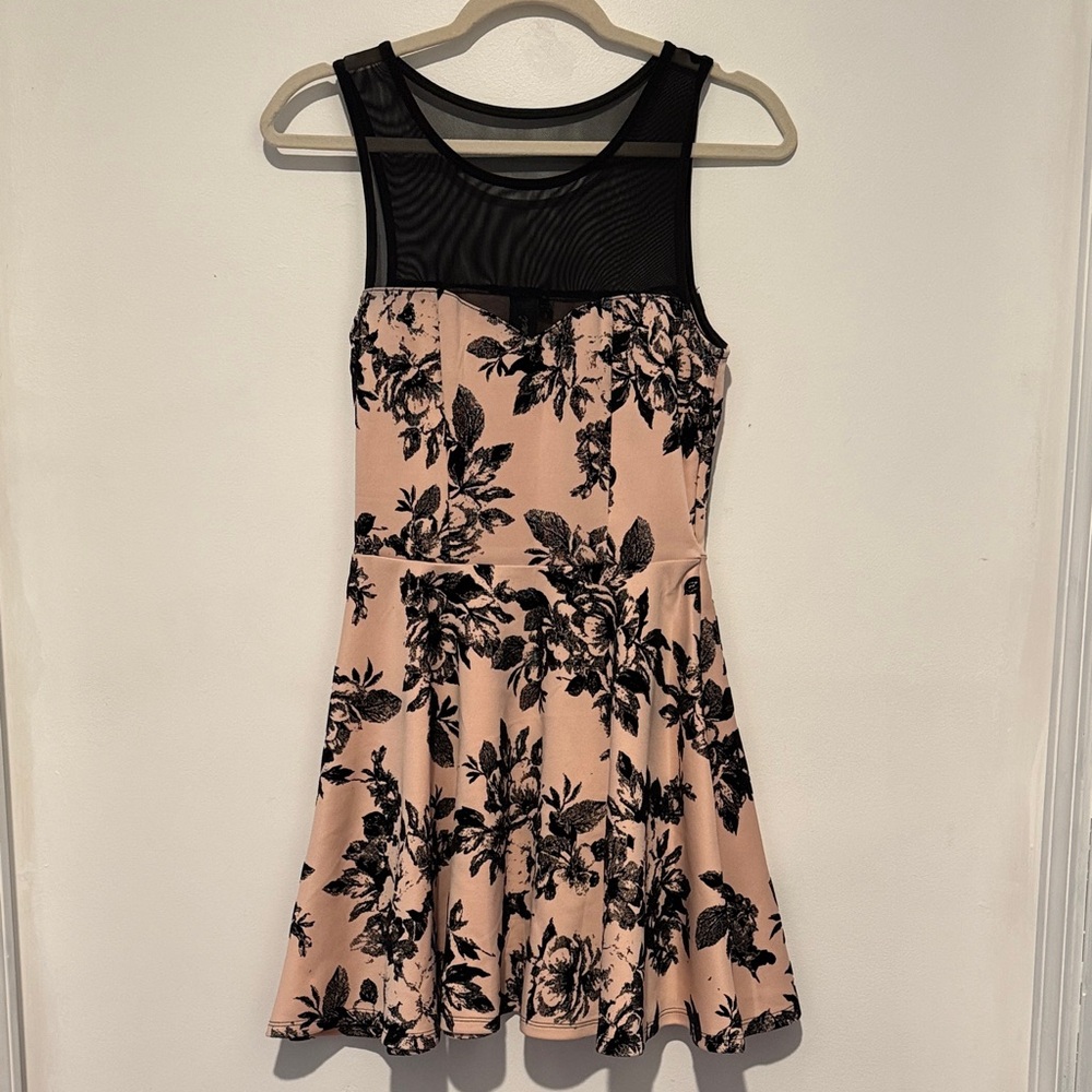Black Mesh & Blush Floral Fit-and-Flare Dress